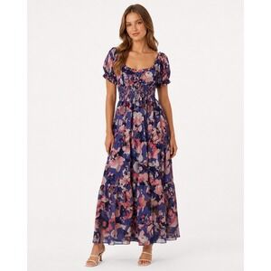 Few Moda Juliet Dress Purple Abstract Floral Smocked Tiered Maxi Size L NWT
